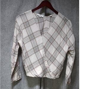 Vince Plaid Wrap Blouse in Taupe and Gray – Size XS